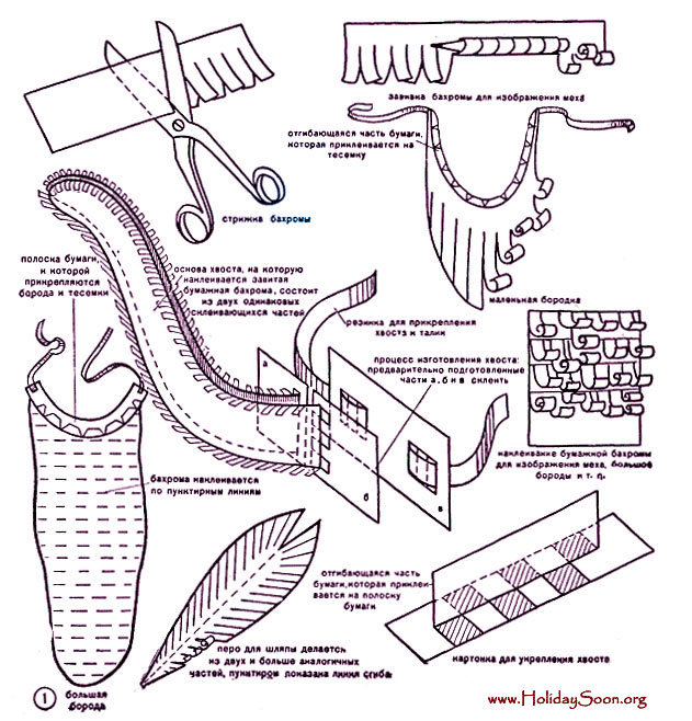 «Борода» и «хвост» из бумаги для карнавального костюма  www.HolidaySoon.org
